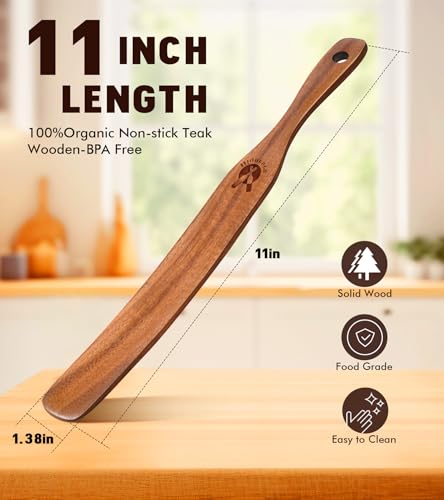 Teak Wood Spurtle for Sourdough Mixing & Reaching Jar Bottom, Kitchen Utensils for NonStick Cookware