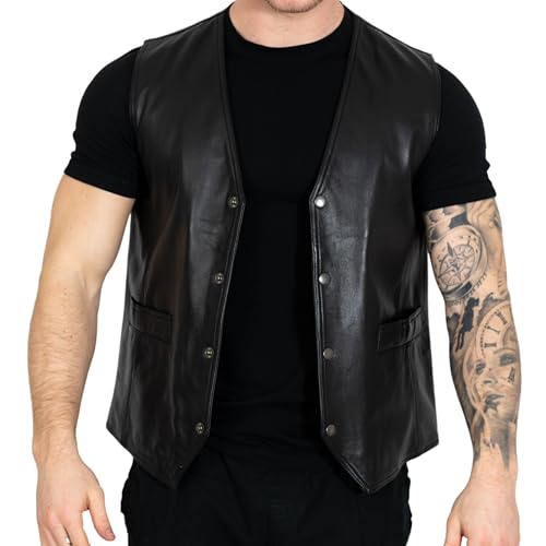 Image of BRICK LANE Men's Leather Vest | V-Neck Western Design Waistcoat with 4 Pockets - Lamb Nappa Leather Lightweight Jacket