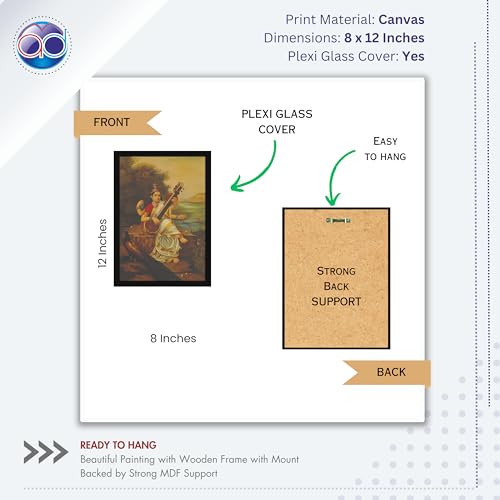 Image of Mad Masters Mata Saraswati Devi Goddess of Knowledge Painting Photo Frame for Living Room, Bedroom, Home Decor and Wall Decoration (MM 1630, 30.5L x 20.3W cm, Canvas, With Plexi Glass)