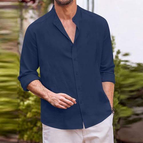 Mens Cotton Linen Shirt Long Sleeve Mandarin Collar Button Down Shirt Lightweight Breathable Beach Tops3