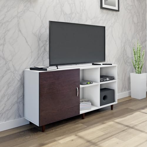 Image of VIKI Modern TV Unit for Living Room | Engineered Wood TV Cabinet with 1 Door Storage & 2 Open Shelves, Entertainment Unit, 140W x 74H x 40D cm | DIY | 1 Year Warranty (White & Wenge)