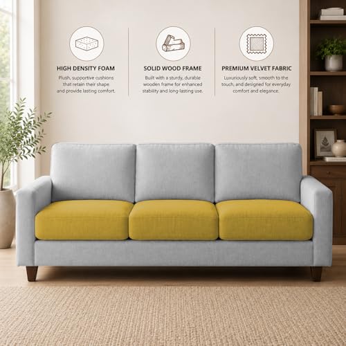 Image of Casaliving Gladino Modern Velvet Fabric Sofa, Tufted Design Upholstered 3 Seater Sofa Set for Living Room, Premium Velvet Fabric Sofa (Yellow Grey)