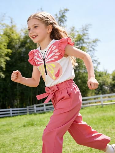 Image of Toddler Kid Girl Clothes Casual Ruffle Sleeve Floral Printed Top Solid Pants with Belt 3PC Outfit Set