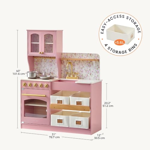Image of Tiny Land Wooden Play Kitchen for Kids with Toy Storage for Pretend Play