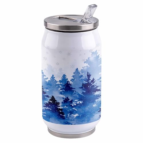 コーラカップ 冬 雪 青色 木 水彩 タンブラー ストローカップ 蓋付き ステンレス 魔法瓶 水筒 ボトル 車用 自宅用 携帯便利 直飲み 真空 保冷 保温 漏れ防止 通勤 贈り物 300ml