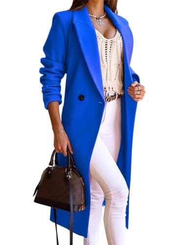 IDEALSANXUN Langer Wollmantel für Damen, Herbst, Winter, Trenchcoat, Pfau, zweireihig, Blazer, Jacken, Übermantel, Königsblau, Large