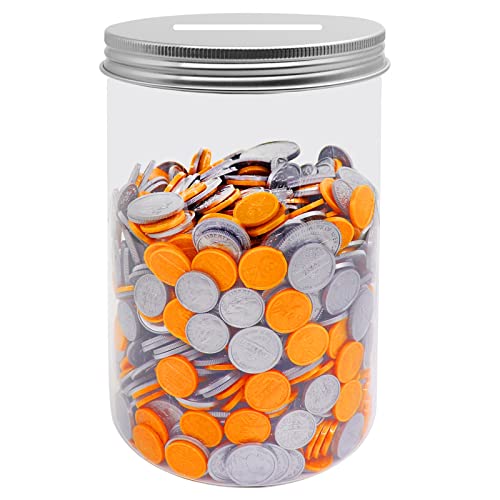 Mczxon Large Coin Bank Jar, Big Clear Plastic Coin Money Tip Change Saving Piggy Jar with Silver Slotted Lid, Large Plastic Coins Piggy Money Change Clear Bank for Adults Teens Kids Girls Boys, XL