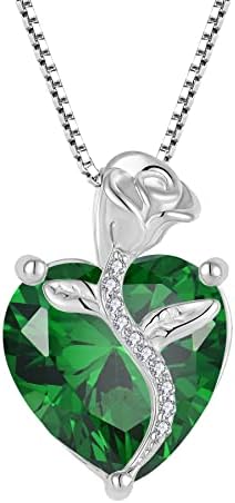 FJ Heart Birthstone Necklace for Women 925 Sterling Silver Rose Flower Necklace Jewellery Gifts for Women Mom Wife Girls Her
