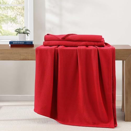 Image of Tommy Hilfiger - King Cotton Blanket, Textured Pique Weave Bedding, Medium Weight Soft Blanket, Anti-Pilling & Fade Resistant, Ideal for Layering, Oeko-TEX Certified (Red)