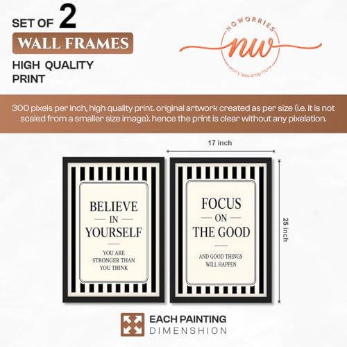 Image of NoWorries Motivational Wall Art Framed Set of 2 | Inspirational Quotes Prints with Frames | Black & White Positive Affirmation Artwork Paintings Decor for Office, Bedroom & Living Room (Art-20, 17x25inch)