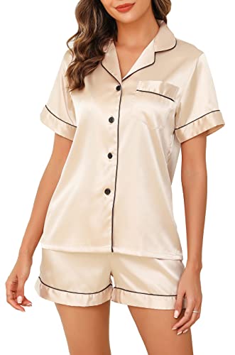 Lovasy Silk Pyjamas for Women Satin Pyjama Set Button Down Ladies Pajamas Classic Short Pjs Sets Champagne M