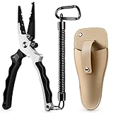 KRLAO Fishing Pliers Fish Hook Remover Muti-Function Split Rings Pliers Braid Line Cutter, Corrosion Resistant Saltwater Fishing Tool Set with Leather Sheath & Lanyard, Fishing Gifts for Men