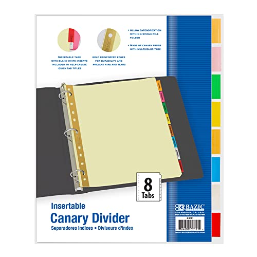 Bazic Binder Dividers Canary Paper W/ 8 Insertable Color Tabs, 11 Hole Punch Index Divider For Ring Binders (8/Pack), 1-Pack #TOP12