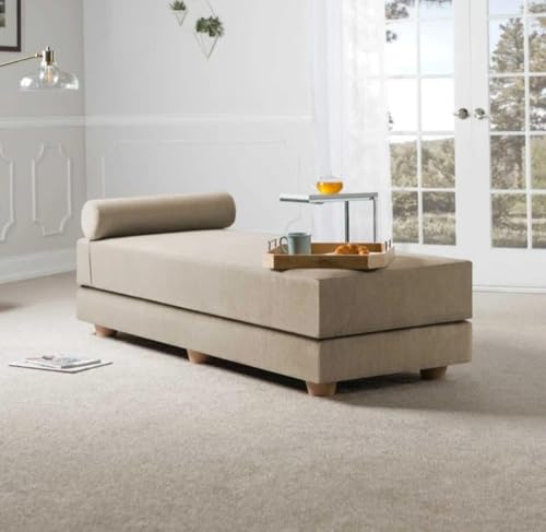 Image of SOUL CRAFT Modern Modular Daybed /Fold-Out Sleeper, Beige, Velvet Fabric, Converts to 2 Single Beds or 1 Queen Bed, with Mattress 203 cm x 74 cm(6.66 ft x 2.43 ft)