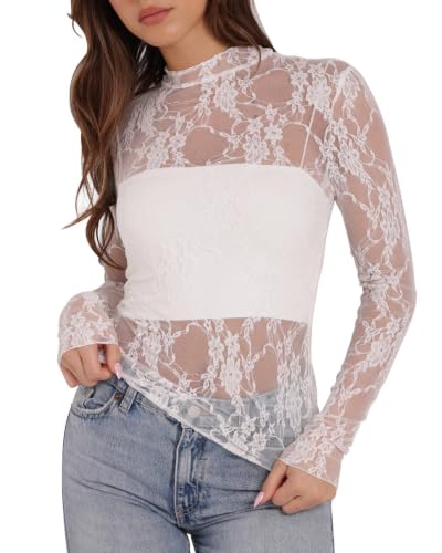 Lace Tops for Women Long Sleeve Shirts High Neck Tops See Through Shirts White Floral S