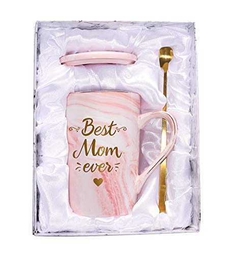 14 Oz Pink Best Mom Ever Coffee Mug Mom Mother Gifts, Novelty Marble Mug Gifts for Mom from Daughter Son Women Mom Gifts for Mom Mother Printing with Gold 14Oz with Exquisite Box Packing Spoon Coaster