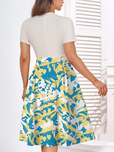 Image of YATHON Womens Elegant Print Notched Neck Slant Pocket Pleated Hem Casual A-Line Dress