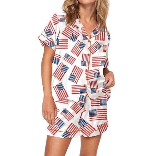 Image of RUEWEY Women American Flag Pajamas Set Satin Silk Button Short Sleeve Shirt Shorts 2 Piece Loungewear