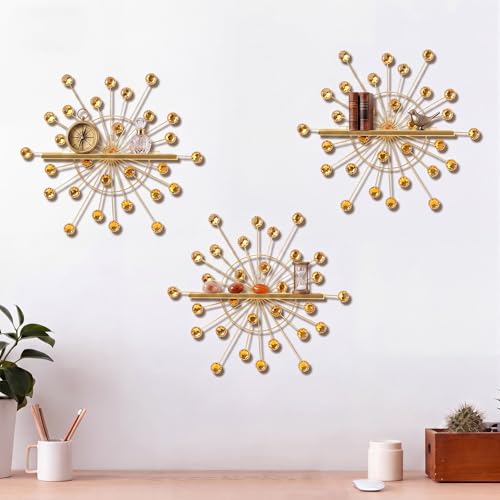 Image of Yaocom 3 Pcs Crystal Floating Shelves, Bling Sparkle Metal Starburst Wall Decor Shelves, Gold Folding Wall Mounted Storage Shelf for Bedroom Bathroom Living Room Kitchen Office