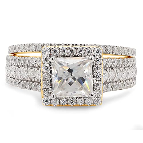 SAVEARTH DIAMONDS 1 1/2 ct. t.w Princess & Round Cut Lab Created Moissanite Diamond Halo Engagement Wedding Band Bridal Set Ring In 14K Gold Over Sterling Silver (VVS1 Clarity, 1.50 Cttw)2