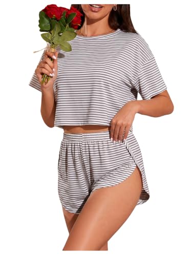 Image of OYOANGLE Womens Pajama Sets 2 Piece Sexy Lounge Sets Summer Cute Pjs Striped Print Tee and Side Split Shorts Set