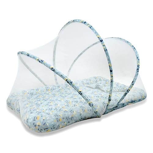 Image of TIDY SLEEP Baby Bed with Mosquito Net & Neck Pillow, Baby Gadda Set for New Born, 0Months+, Printed Baby Gadda, Baby Sleeping Bed (Green Flower)
