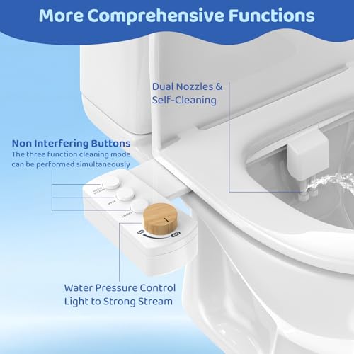 Image of Bidet Attachment for Toilet Seat, Ultra Slim | Easy Control | Adjustable Water Pressure | Non-Electric Self-Cleaning Dual Nozzle | Cold Water Bidet for Frontal & Rear Wash, Bamboo Knob
