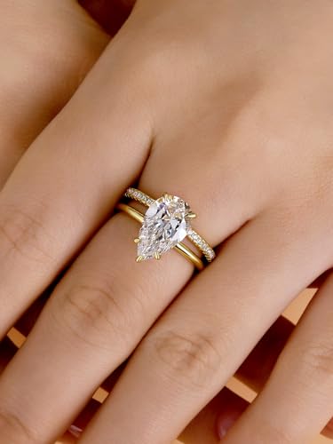 4.0CT Pear Cut Engagement Ring Set for Women,14K Yellow Gold Plated 925 Sterling Silver Simulated Diamond Bridal Wedding Ring Set3