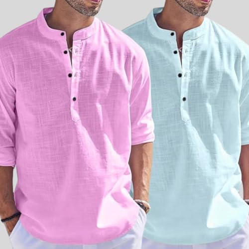 Image of Bellstone Men's Cotton Blend Straight Kurta Shirt Combo with Mandarin Collar - Slim Fit Casual Short Kurti Set Featuring Textured Slub Fabric and Roll-Up Full Sleeves