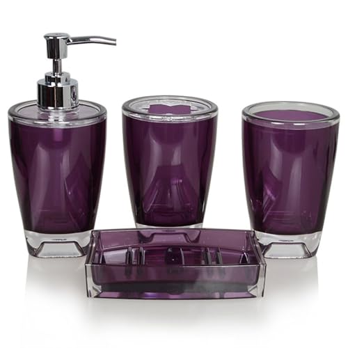 Bathroom Accessories Set 4 Pcs,Purple Vanity Bathroom Decor, Hand Soap Dispenser, Soap Dish, Toothbrush Holder Set, Countertop Organizer, Set,Bathroom Decor, Gift for Home Apartment