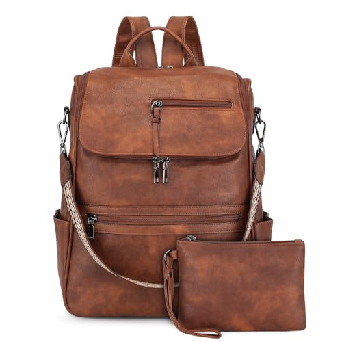 VINBAGGE Rucksack Damen Mittelgroß Cityrucksack Anti-Diebstahl Schultertasche Wasserdicht Leder Rucksackhandtasche Elegant Handtasche Tagesrucksack Frauen für Reisen Arbeit Schule - Braun