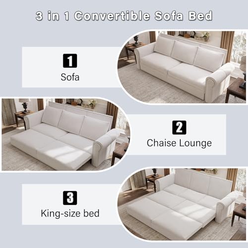 Image of Eafurn 93.7 inch King Size Pull Out Sofa Bed, 3-in-1 Convertible Sleeper Sofa Couch Bed with Nailhead Decor and Rolled Arms, Velvet Oversized Chesterfield Loveseat Chaise Lounge