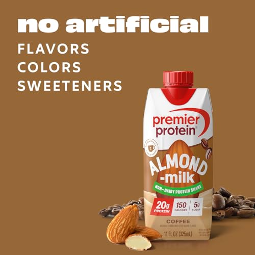 Image of Premier Protein Non-Dairy Plant Based Almondmilk Protein Shake, Coffee with Caffeine for Energy - 20g Protein, 5g Sugar, 11 fl oz, 12 Pack