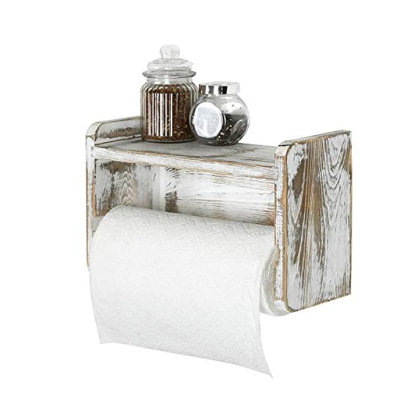 MyGift Paper Towel Roll Holder, Shabby Whitewashed Wood Farmhouse Wall Mounted Kitchen Napkin Dispenser Rack with Top Storage Shelf Spice Racks