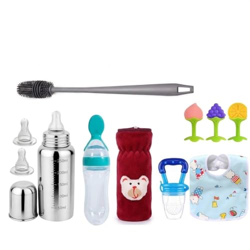 Image of Y.GOYAL&CO. Stainless Steel Baby Feeding Bottle 250ml with Silicone Nipples and Cleaning Brush, BPA Free, Anti Colic Valve, Wide Neck for Newborns Babies, Infants, and Toddlers (PK-8-RED)