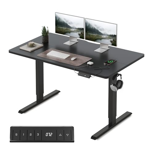 FEZIBO Höhenverstellbarer Schreibtisch mit USB-A und USB-C-Ladeanschlüssen, 120 x 60 cm Steh-Sitz Tisch, Schreibtisch Höhenverstellbar Elektrisch, Ergonomischer Computertisch Homeoffice, Schwarz