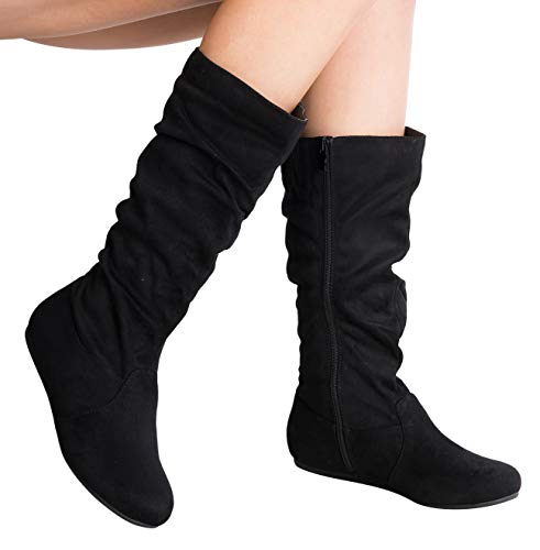 Olivia K Womens Low Heel Mid-Calf Slouchy Suede Slip On Casual Boots with Side Zipper4