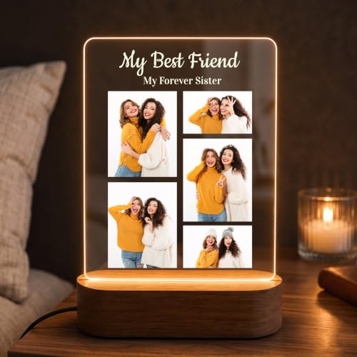 Image of Giftplease Personalised Photo Acrylic Frame with Wooden LED Base - Custom Picture Desk Display for Sister, Unique Raksha Bandhan Gift for Sister from Brother, Birthday, Anniversary & Keepsake Decor