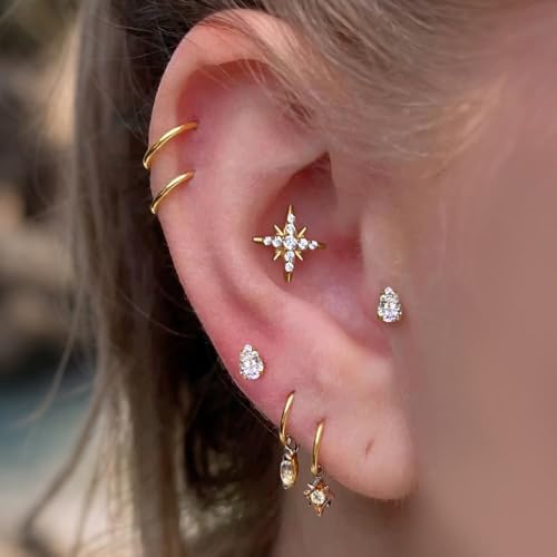 1PC ASTM F136 Titanium Threadless Super Stars CZ Tops Piercing studs for Conch,Tragus,Helix,Lobe Come With 4PCS Different Lengths Post F136 Titanium 16G 18G 20G Flatback earring nose Jewelry Gold Silver4