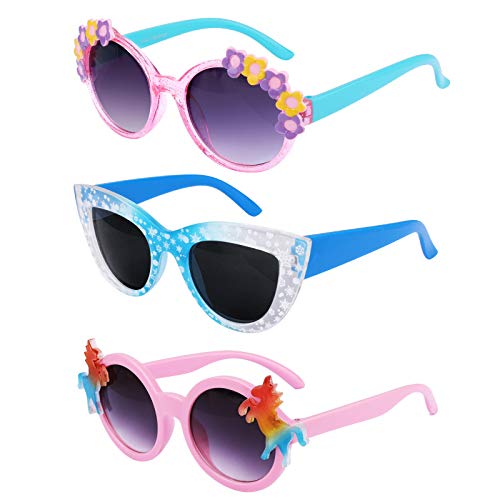 Hifot 3 Stück Einhorn Sonnenbrille für Mädchen, Kunststoffrahmen Rund Schnee Katzenauge Polarisiert Brille, Rave Party Dress up brille für Kinder Alter 3-10