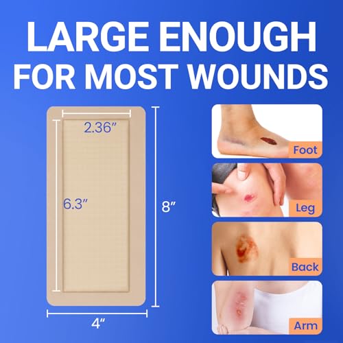 Image of Large Waterproof Bandages 4x8 Silicone Foam Dressing Sensitive Skin, 10 PCS | Bioemmalab Wound Dressing, Adhesive Cohesive Pad with Border, First Aid, Post Surgical and Burn, Pressure, Scar Healing