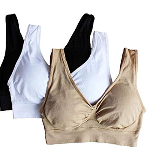 Hottime Women's 3-Pack Wireless Bras, Seamless Sports Bra, Removable Padded Bra Tops Black Nude & White XX-Large