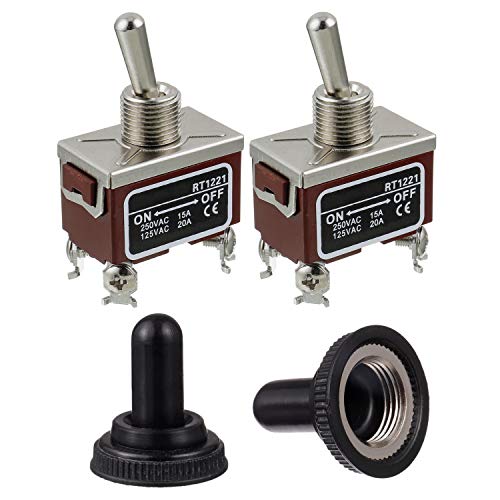 BOJACK RT1221 Interrupteur à bascule 125V 20A 250V 15A DPST ON - Off Interrupteur à bascule à 4 broches avec capuchon étanche en métal (paquet de 2...