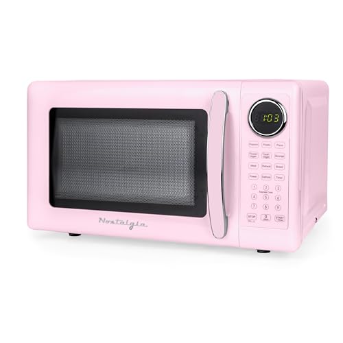 Image of Nostalgia Retro 700W Microwave Oven – 0.7 Cu Ft Capacity – Child Safety Lock, 8 Auto-Cook Settings, Square Window – Countertop Kitchen Appliance – Pink