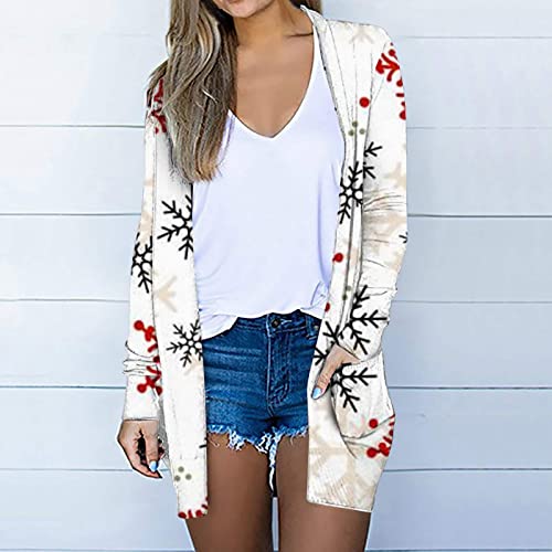 Casual Christmas Cardigan For Women Open Front Long Sleeve Cardigans With Pocket Santa Claus Snowman Graphic Kimono Tops White #TOP2