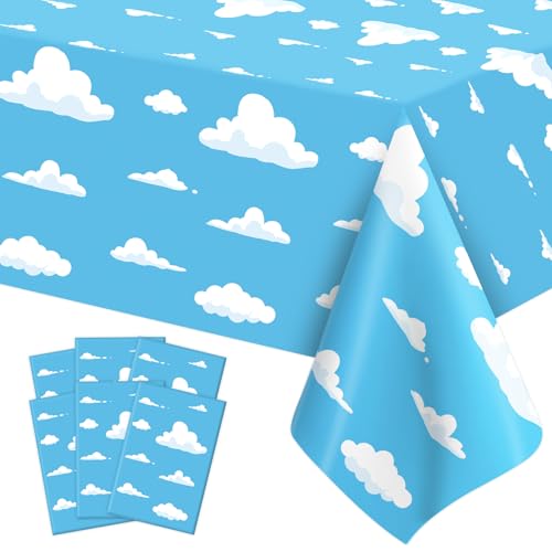 Image of 6 PCS Blue Sky and White Clouds Tablecloth Birthday Party Supplies 54 x108 Inch Cartoon Story Table Cloth Plastic Sky Clouds Backdrop Tablecover Cartoon Table Banner for Baby Shower Boy Girl Birthday