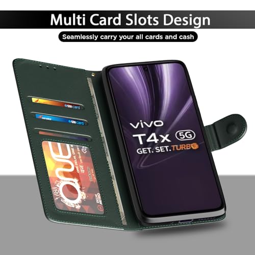 Image of Amazon Basics Flip Cover for Vivo T4x 5G / iQoo Z10x 5G Leather Finish | Wallet Stand and Shock Proof | Inside TPU with Card Pockets | Complete Protection Flip Case(Green)