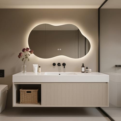 Image of WallBeyond 46 inchx26 inch Asymmetrical Bathroom Mirror with Lights, Irregular LED Backlit Vanity Mirror for Modern Master Bathroom, Dimmable Anti-Fog Mirror, Horizontal /Vertical Mount