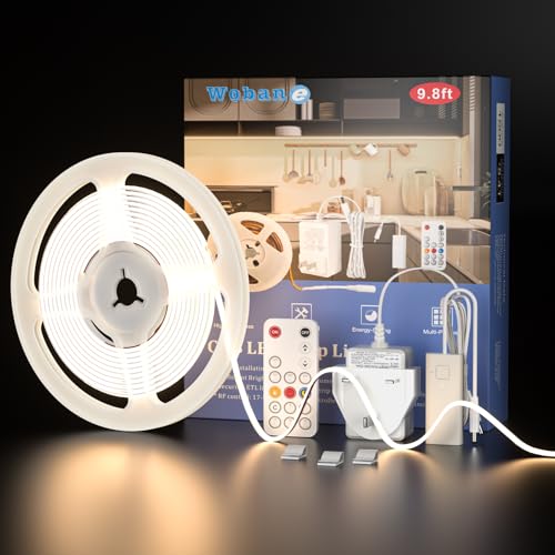 WOBANE 3m COB Dimmable LED Strip Light,960 LEDs,1500 Lumen,Super Bright 12V LED Tape Lights with Remote,Under Cabinet Lighting for Kitchen,Counter,Bedroom,Desk,Shelf,Sink,CRI90+,Adapter,4000K