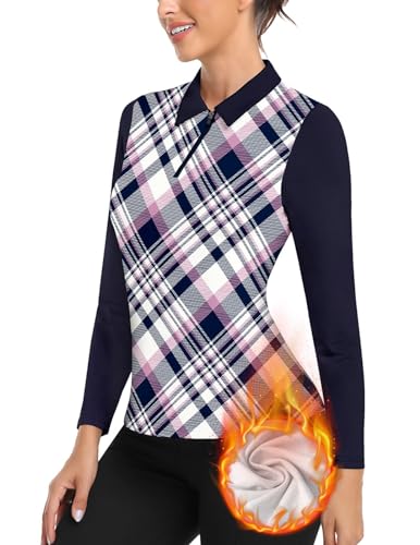 Womens Plaid Golf Shirts Thermal Long Sleeve Polo Shirts Fleece Golf Apparel Winter Golf Clothing(Large)